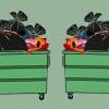 An illustration of dumpsters full of clothes.
