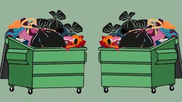 An illustration of dumpsters full of clothes.