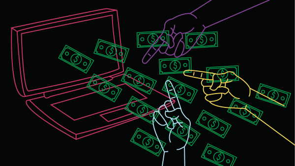 Computer with money flowing out of it