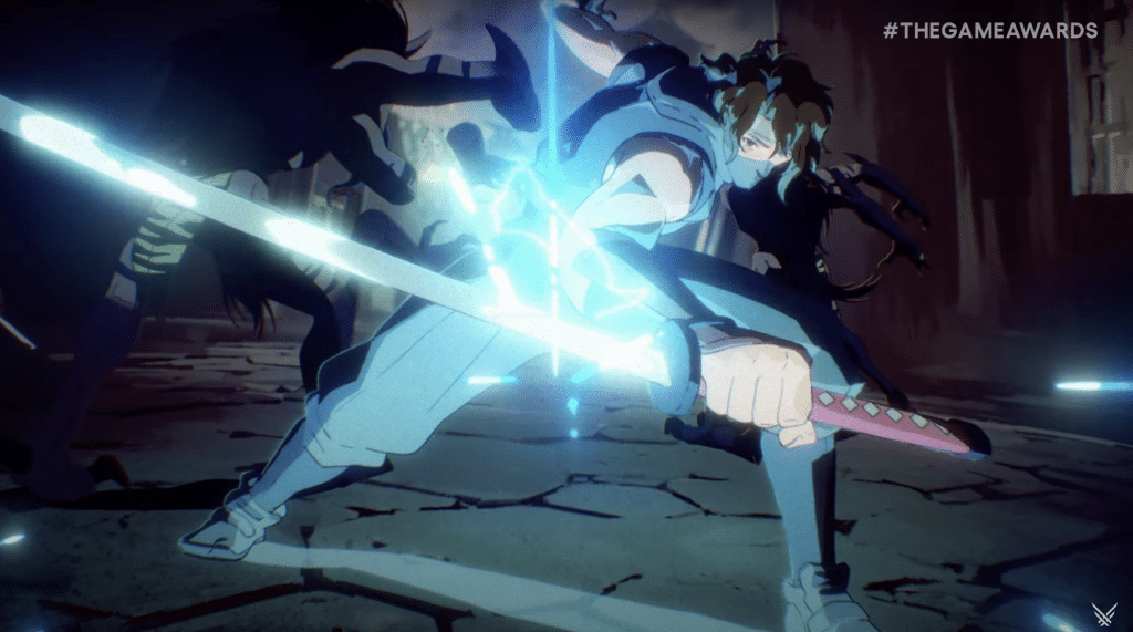 A ninja holds out his Katana which is emitting a blue light.