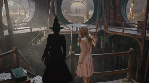 A still image of Elphaba and Glinda at the end of Wicked Part 1