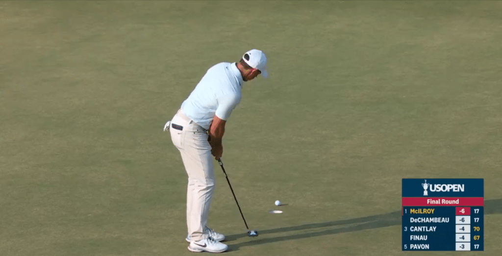 Rory McIlroy missing his par putt on the 18th hole at the U.S. Open and Pinehurst to stay tied for the lead.