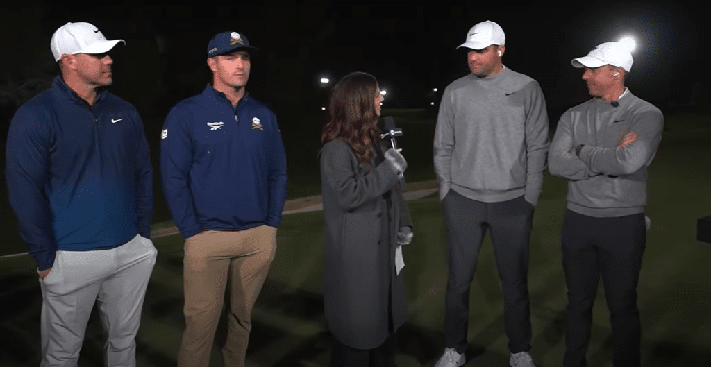 Scottie Scheffler and Rory McIlroy being interviewed after "The Showdown" against LIV golfers Bryson Dechambeau and Brooks Koepka.