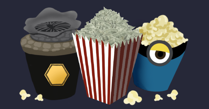 On the left is the Dune popcorn bucket. In the middle is a regular red and white striped popcorn bucket with money on it. On the right is a minions-themed popcorn bucket with popcorn in it.