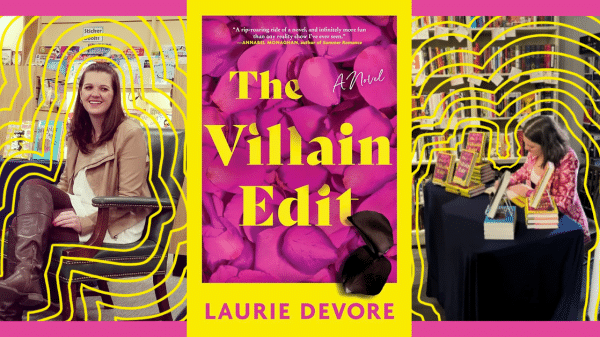 collage of the villain edit book cover and author laurie devore