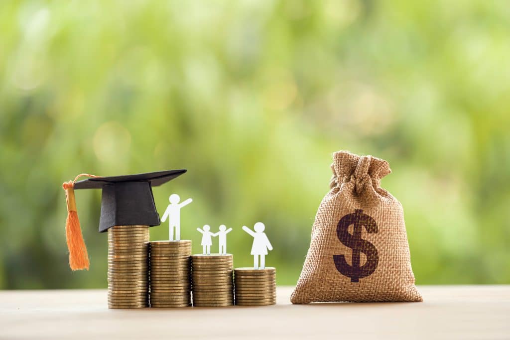 The graduation cap and money icon represent scholarships for first-generation college students.