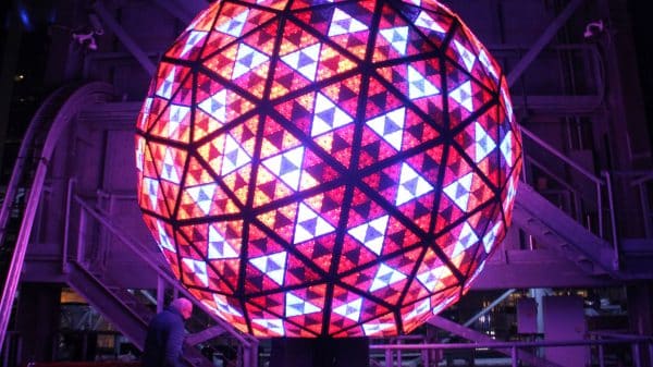 A bright, colorful image of the Times Square New Year's Eve ball.