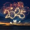 Image of fireworks in the shape of '2025' over blue water.