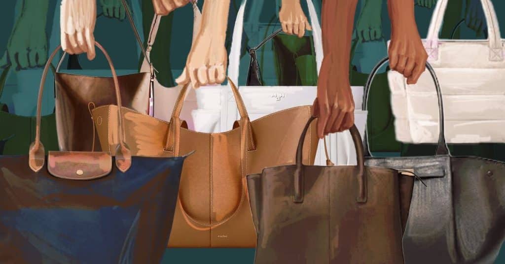 A wide variety of tote bags being carried by various people