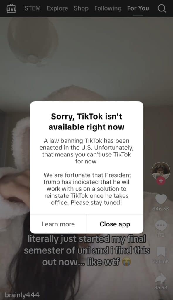 TikTok stopped working in the United States on Jan. 18, 2025 for 13 hours immediately following a ban of the app. Credit: Fusco/Screenshot