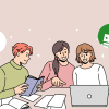 Illustration of three friends at a desk studying with tech companies logos floating around them.