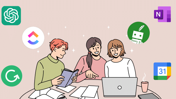Illustration of three friends at a desk studying with tech companies logos floating around them.