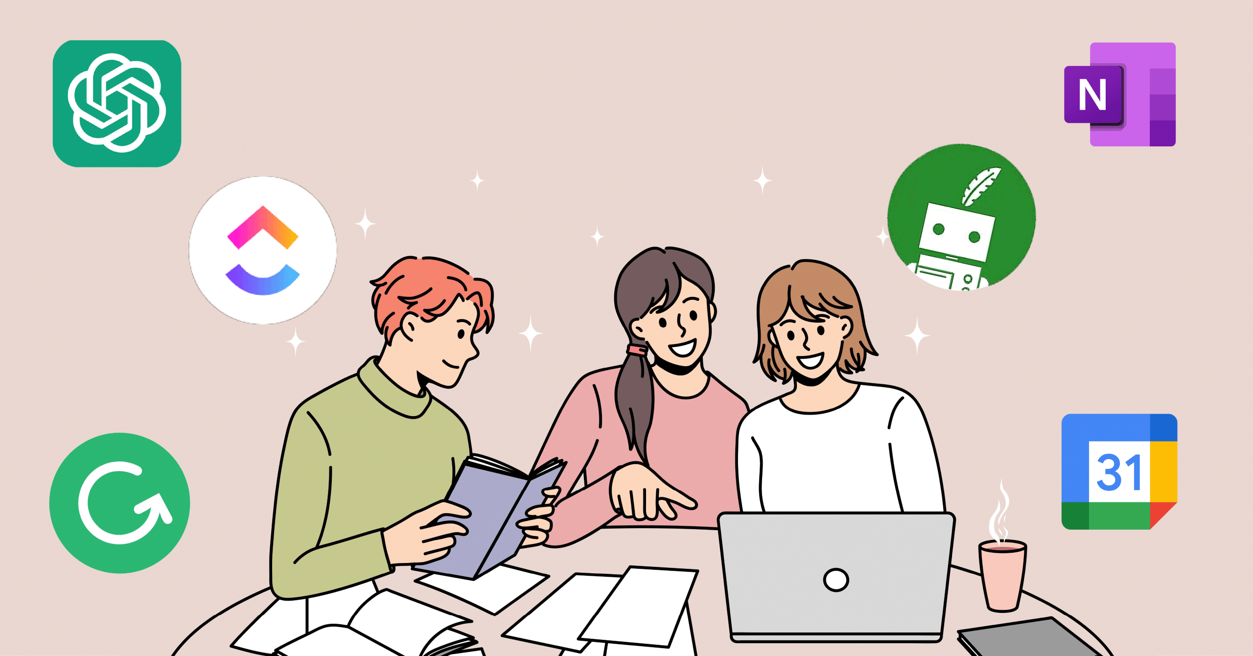 Illustration of three friends at a desk studying with tech companies logos floating around them.