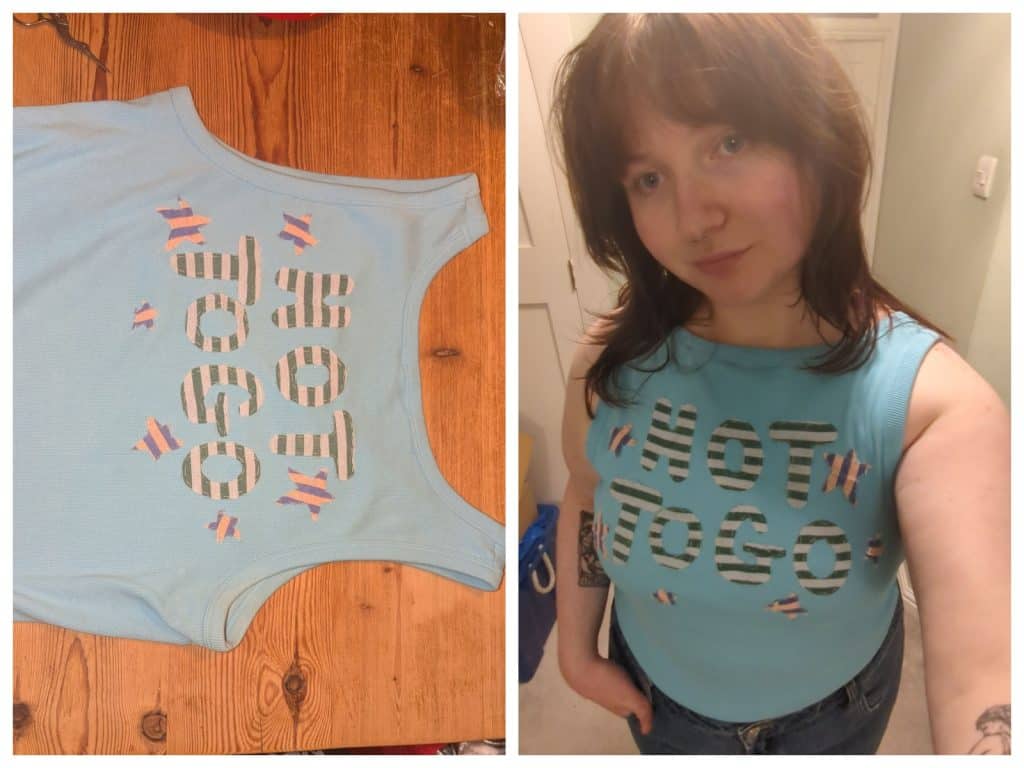 A collage showing the final merch. Merch is shown laid out on a table and then on the author wearing the merchandise.