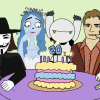 A drawing showing characters from the five films discussed in this article, standing around a birthday cake with the number 20 on it.