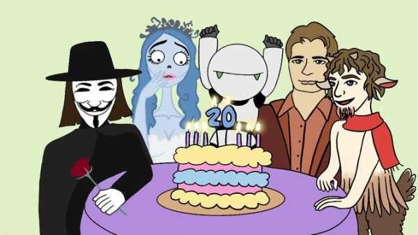 A drawing showing characters from the five films discussed in this article, standing around a birthday cake with the number 20 on it.
