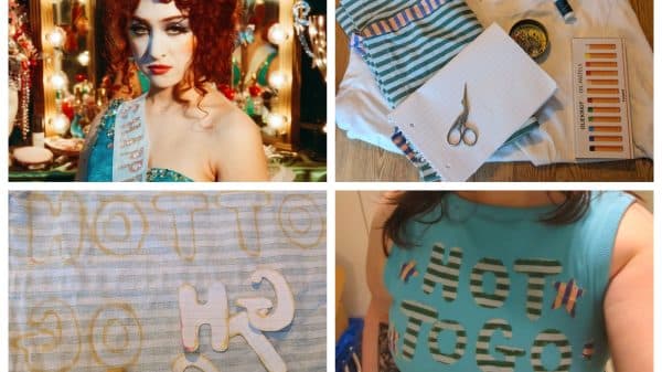 A collage of Chappell Roan's album The Rise and Fall of a Midwest Princess, a photo of the supplies needed in the Merch DIY (Fabric, t-shirt, scissors, needle, thread, pins, chalk), a photo of a stencil spelling 'Hot To Go' written on the back of some green and white stripy fabric and a photo of someone wearing the final tank top merchandise, which is a blue tank with the phrase hot to go written on it.