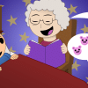 cartoon illustration of a granny with white-grey curly hair holding a purple book with three speech bubbles next to her with images of classic fairytales: little red riding hood and the wolf, the three little pigs, and pinocchio. She is sitting next to a bed with a little boy woth brown hair, a blue pointy hat and matching pyjamas