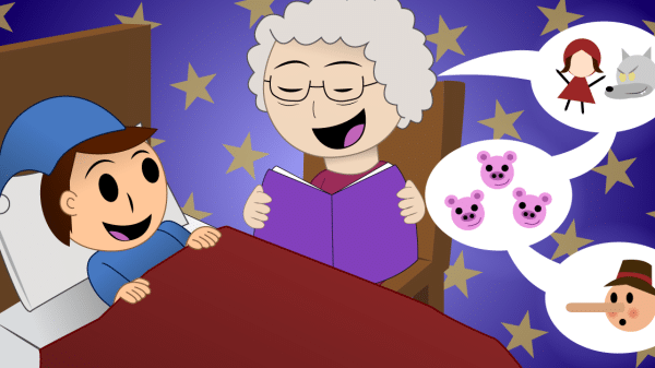 cartoon illustration of a granny with white-grey curly hair holding a purple book with three speech bubbles next to her with images of classic fairytales: little red riding hood and the wolf, the three little pigs, and pinocchio. She is sitting next to a bed with a little boy woth brown hair, a blue pointy hat and matching pyjamas