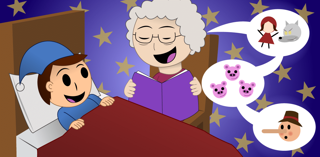 cartoon illustration of a granny with white-grey curly hair holding a purple book with three speech bubbles next to her with images of classic fairytales: little red riding hood and the wolf, the three little pigs, and pinocchio. She is sitting next to a bed with a little boy woth brown hair, a blue pointy hat and matching pyjamas