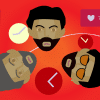 Graphic design of three male faces in a circle with social media icons around them such as Instagram and likes as well as clock images with a red-to-yellow faded background