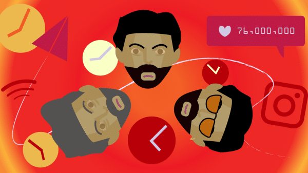 Graphic design of three male faces in a circle with social media icons around them such as Instagram and likes as well as clock images with a red-to-yellow faded background