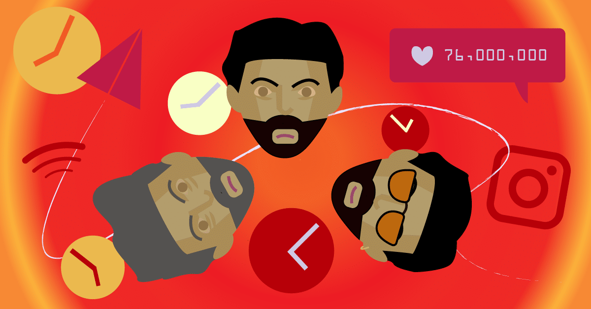 Graphic design of three male faces in a circle with social media icons around them such as Instagram and likes as well as clock images with a red-to-yellow faded background