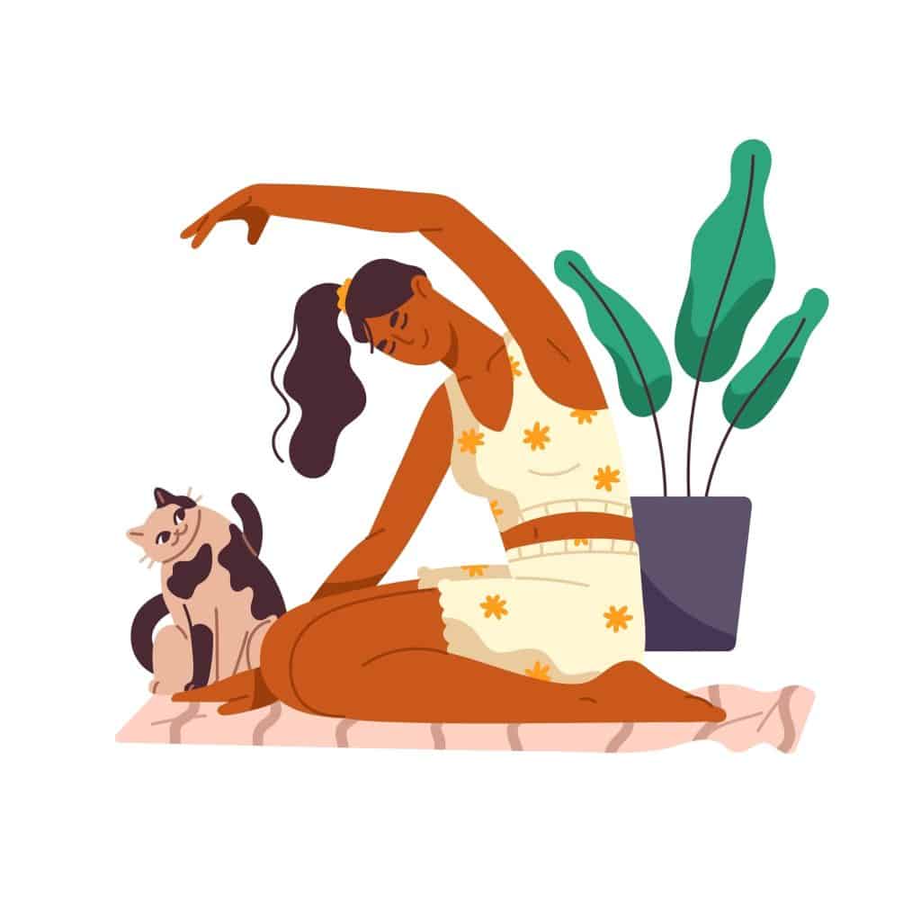 Young woman improves physical health by doing yoga at home.
