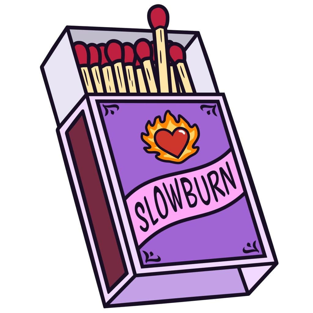A matchbox with the words slow burn on it, symbolizing a love that is slow to happen.