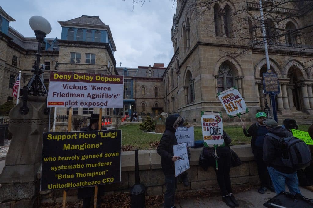 Crowd for Luigi Mangione trial outside of Blair County Courthouse in Hollidaysburg, Pennsylvania.