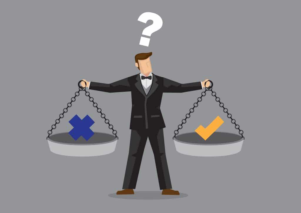 A man weighing his two choices: right or wrong.