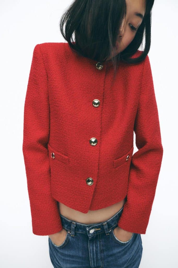 Zara Golden Button Structured Blazer in red.