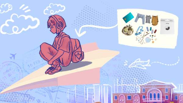 A young girl with her bag packed full of must-haves, off to her semester abroad!