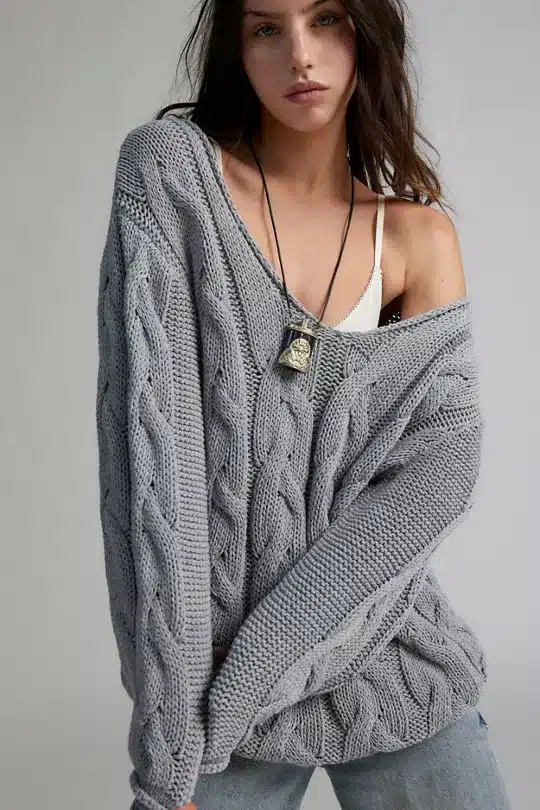 BDG Skylar Oversized Cable Knit Sweater in grey.