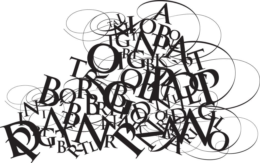 Image of stylized jumble of letters, black text on white background.