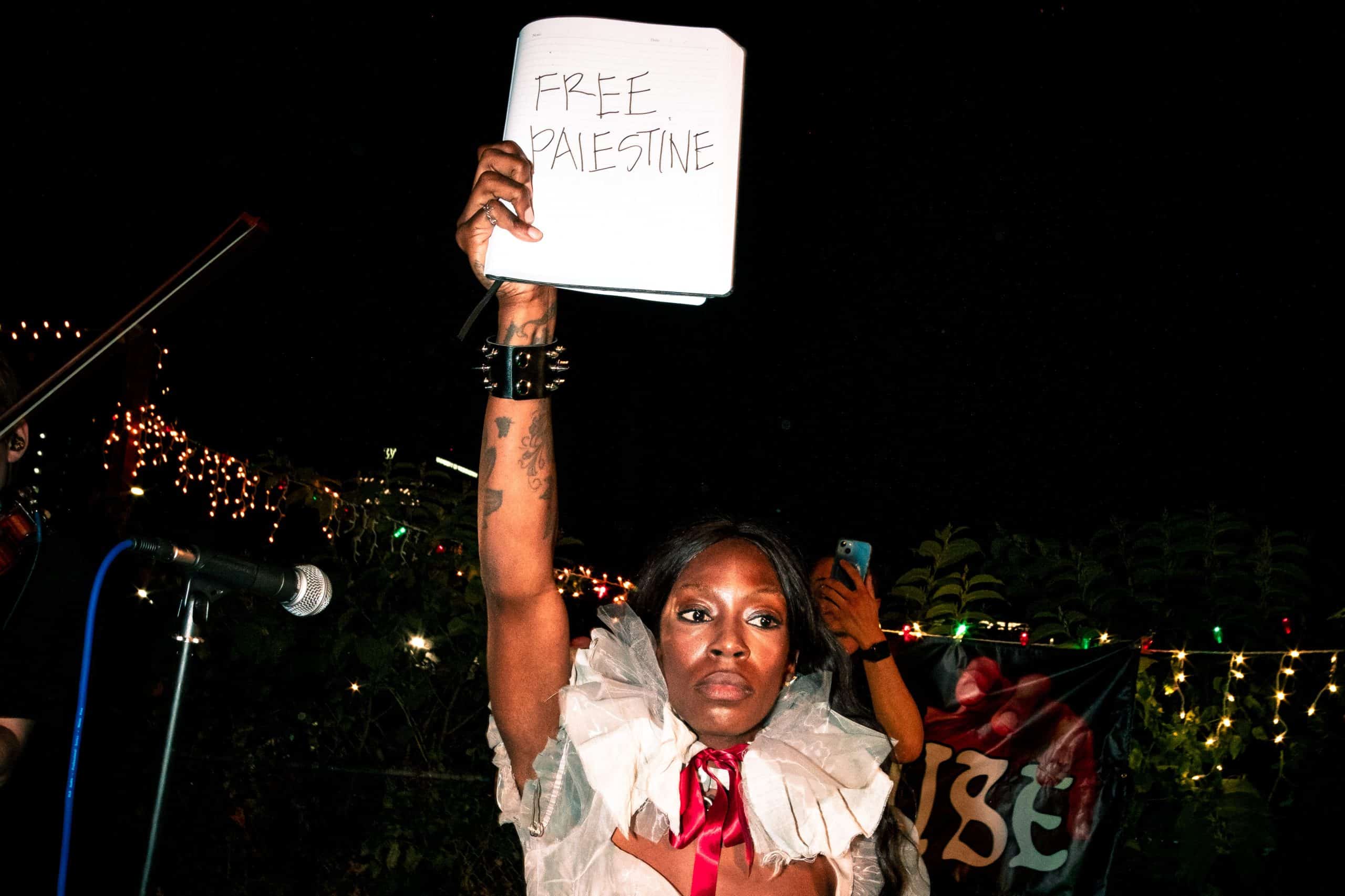 A photo of TeZaTalks holding up a sign that reads "Free Palestine" at a music show.