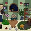An illustration of lesbians cutting and dying their hair in a bedroom. There are three lesbians. One stands in front of a mirror shaving the sides of their hair, they have short brown hair with shaved sides and a fringe, they are wearing long denim shorts and a leather jacket. Another lesbian is sat on the floor, she is dying racoon style streaks of her hair grey and black, wearing brown dungarees. Another lesbian is sat on the floor stroking a ginger cat, she has red braids and is wearing a black t-shirt with a star on and black denim flares.