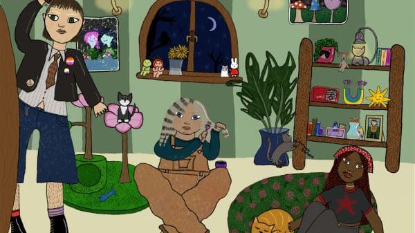 An illustration of lesbians cutting and dying their hair in a bedroom. There are three lesbians. One stands in front of a mirror shaving the sides of their hair, they have short brown hair with shaved sides and a fringe, they are wearing long denim shorts and a leather jacket. Another lesbian is sat on the floor, she is dying racoon style streaks of her hair grey and black, wearing brown dungarees. Another lesbian is sat on the floor stroking a ginger cat, she has red braids and is wearing a black t-shirt with a star on and black denim flares.