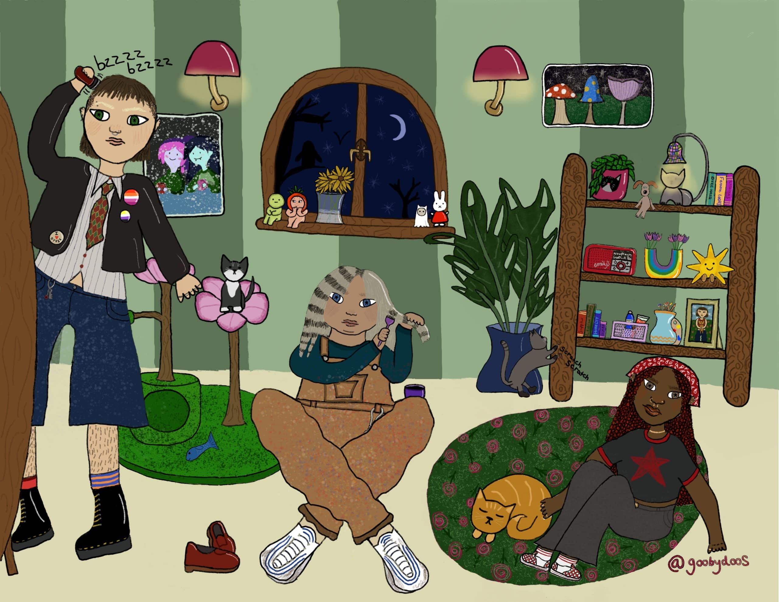 An illustration of lesbians cutting and dying their hair in a bedroom. There are three lesbians. One stands in front of a mirror shaving the sides of their hair, they have short brown hair with shaved sides and a fringe, they are wearing long denim shorts and a leather jacket. Another lesbian is sat on the floor, she is dying racoon style streaks of her hair grey and black, wearing brown dungarees. Another lesbian is sat on the floor stroking a ginger cat, she has red braids and is wearing a black t-shirt with a star on and black denim flares.