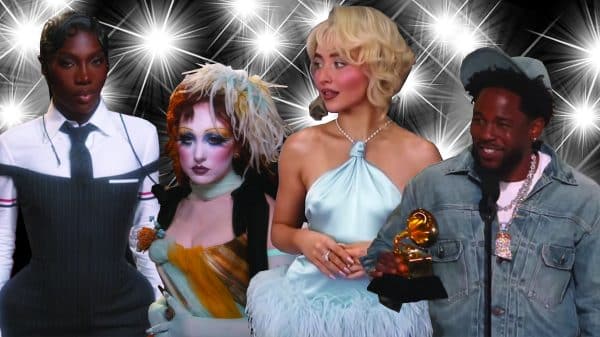 Grammys 2025 Photo Collage showing celebs wearing eye-catching outfits.