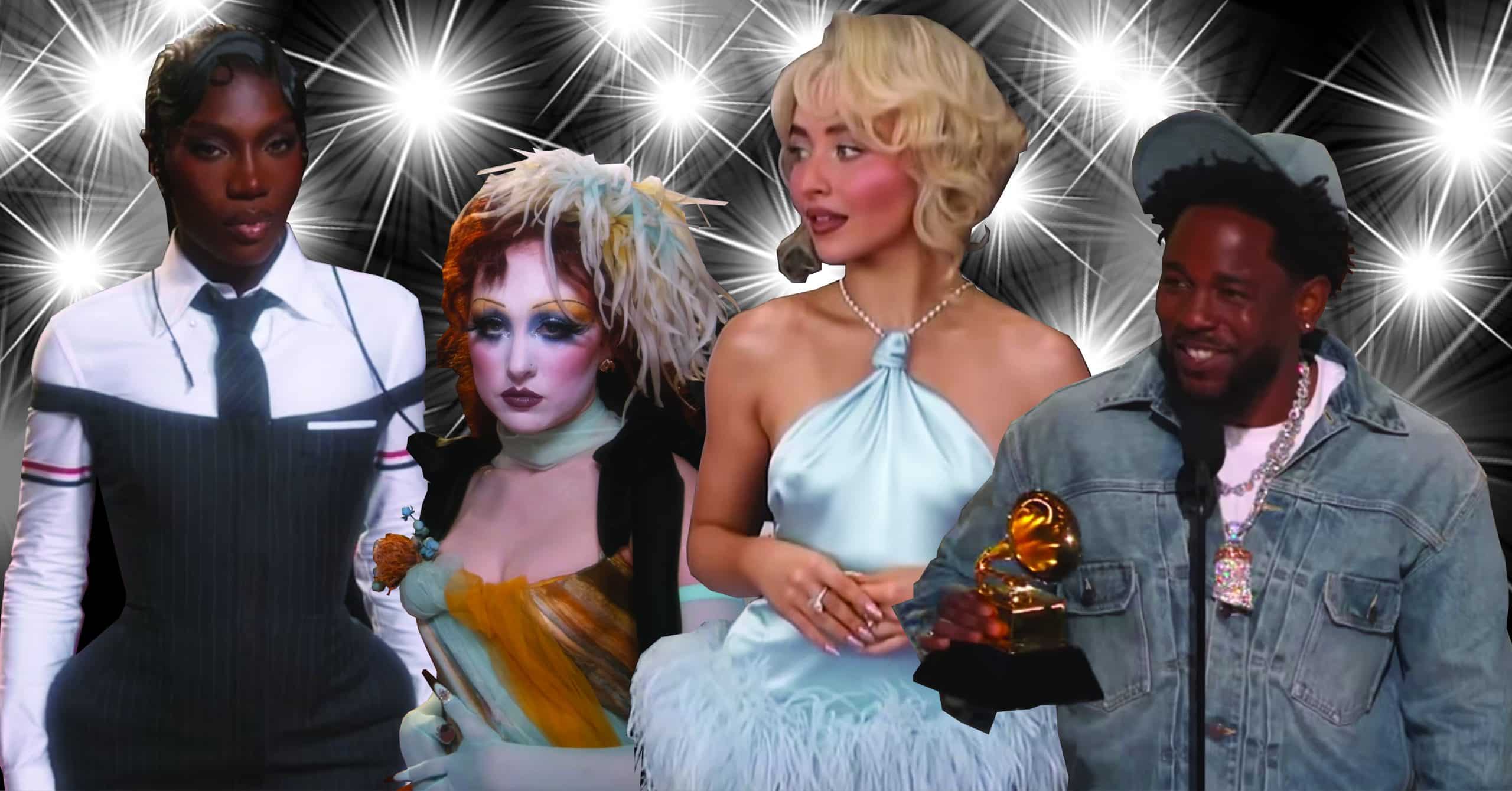 Grammys 2025 Photo Collage showing celebs wearing eye-catching outfits.