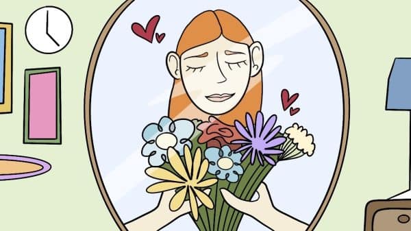 Picture of girl giving her self flowers in the mirror