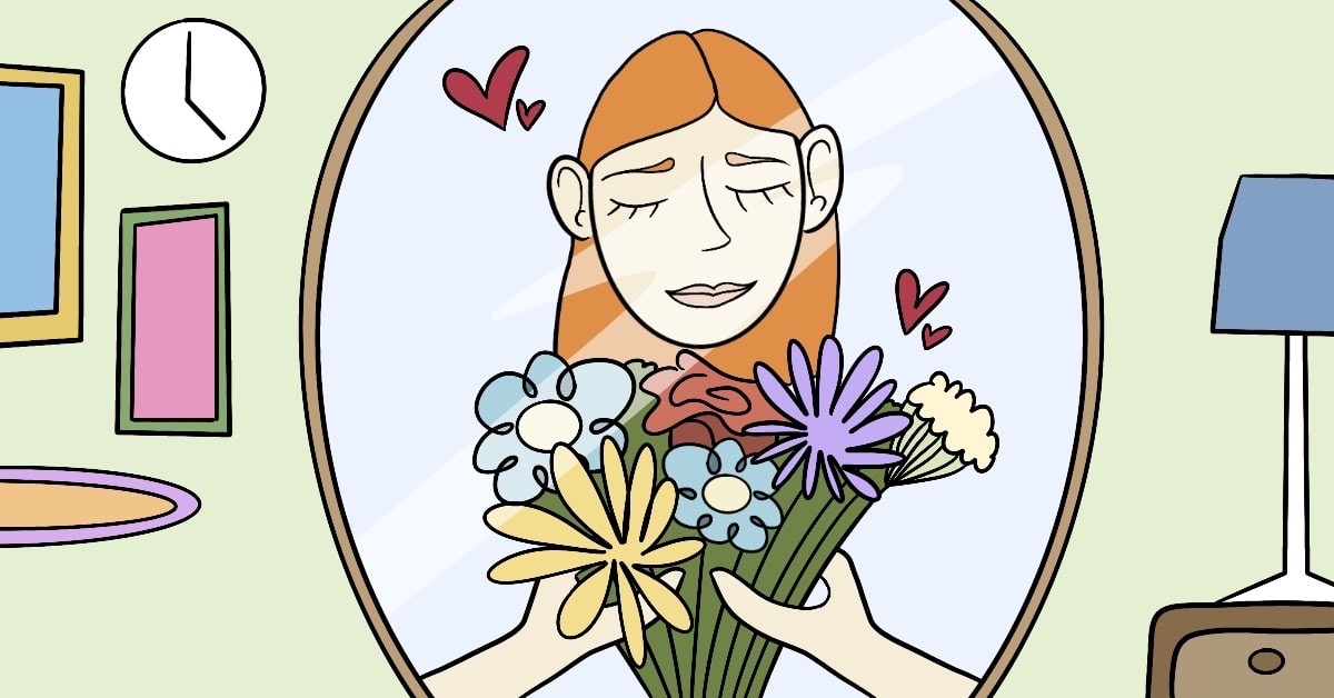 Picture of girl giving her self flowers in the mirror