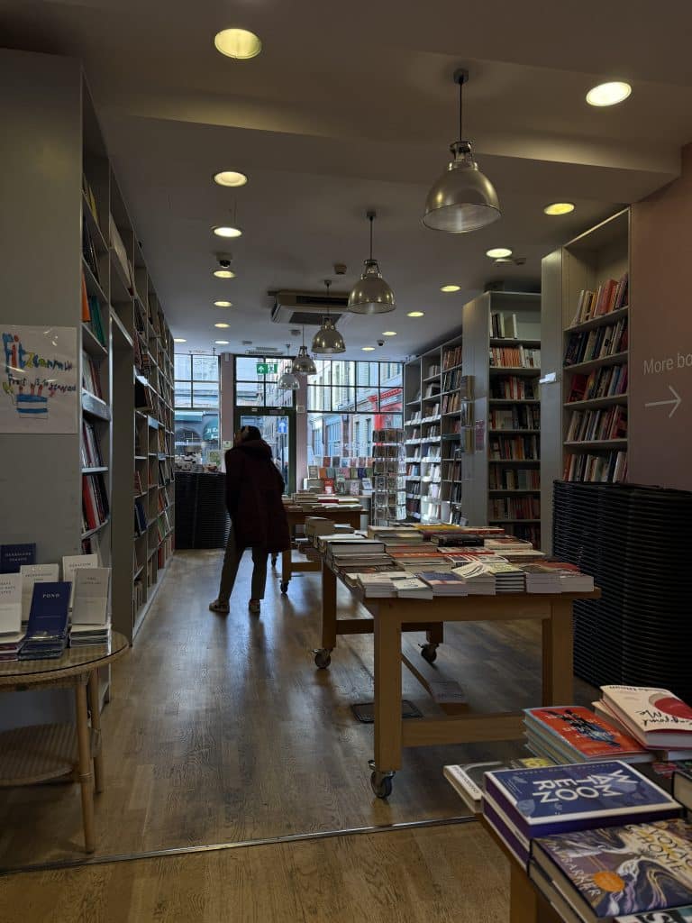 Table of books in a London bookstore.