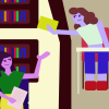 Two women in a library passing books to one another.
