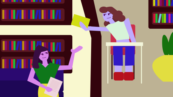 Two women in a library passing books to one another.