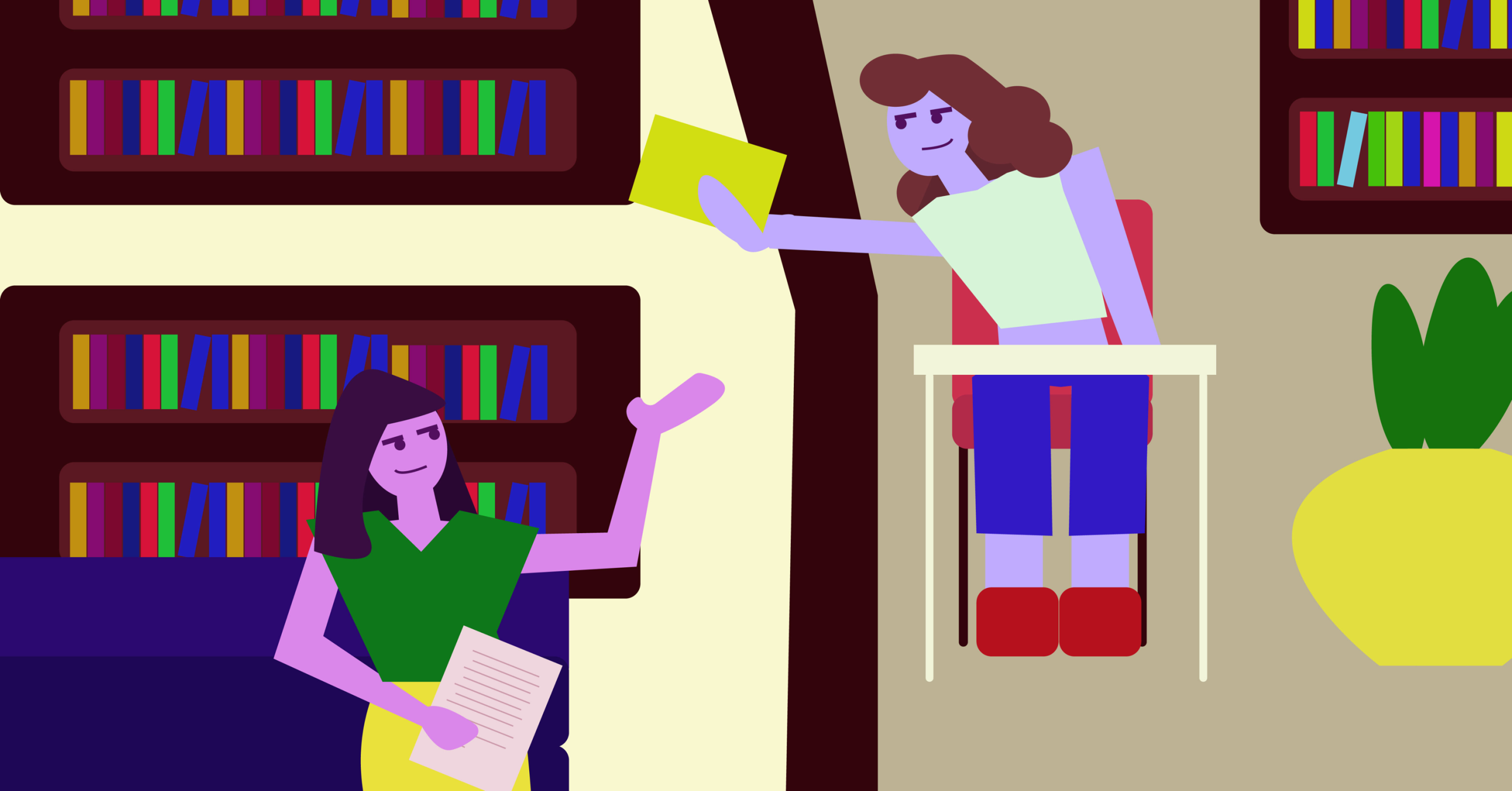 Two women in a library passing books to one another.