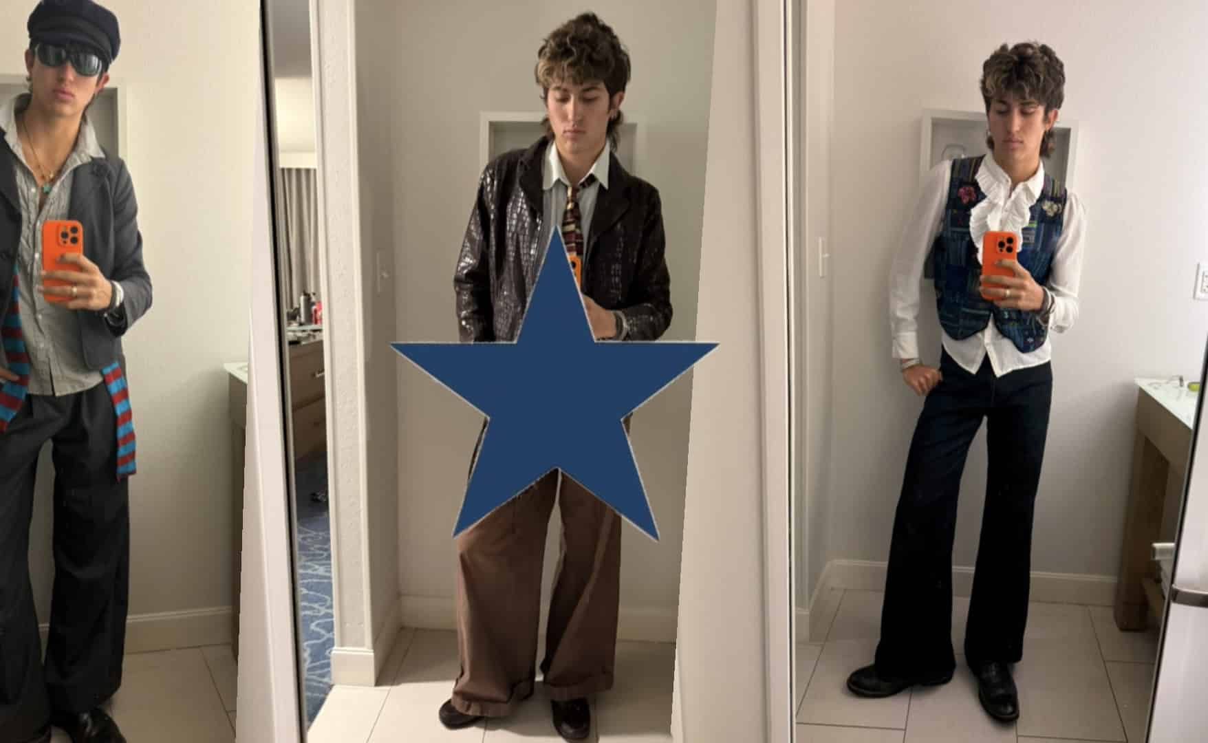 Three photos of me in different outfits in the mirror