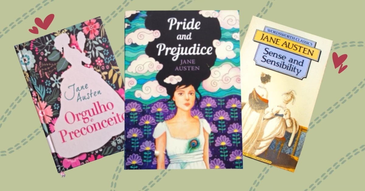 Three of Jane Austen's novels, Pride and Prejudice in English and Spanish and Sense and Sensibility.