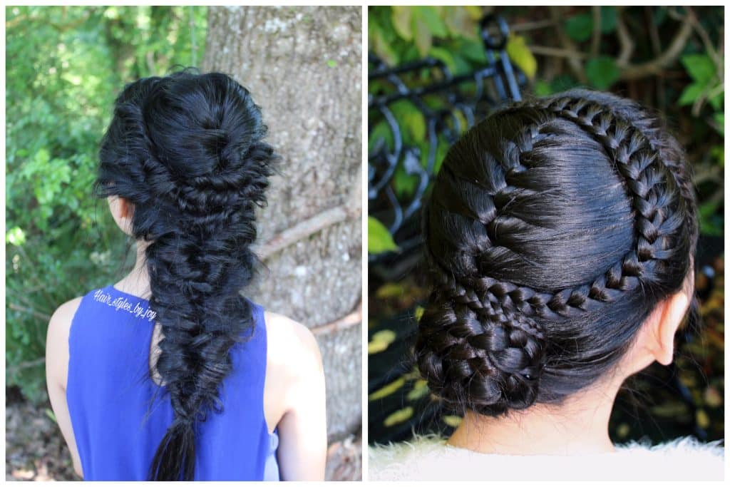 Two images showing elegant evening DIY hair styles that I taught myself.